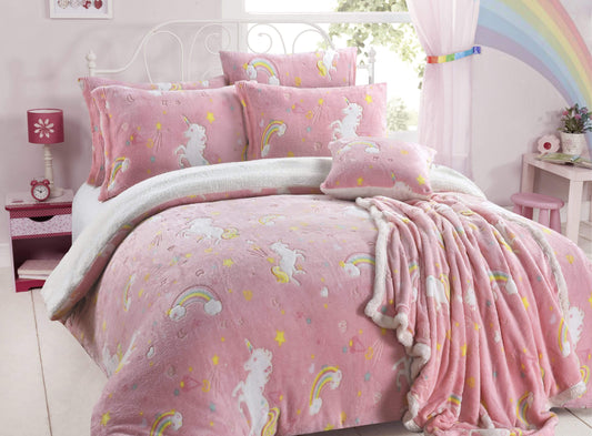 Magical Glow In The Dark Rainbow Unicorn Teddy Fleece Duvet Set for Kids Super Soft Cosy Bedding Perfect for Children's Bedrooms by OLIVIA ROCCO