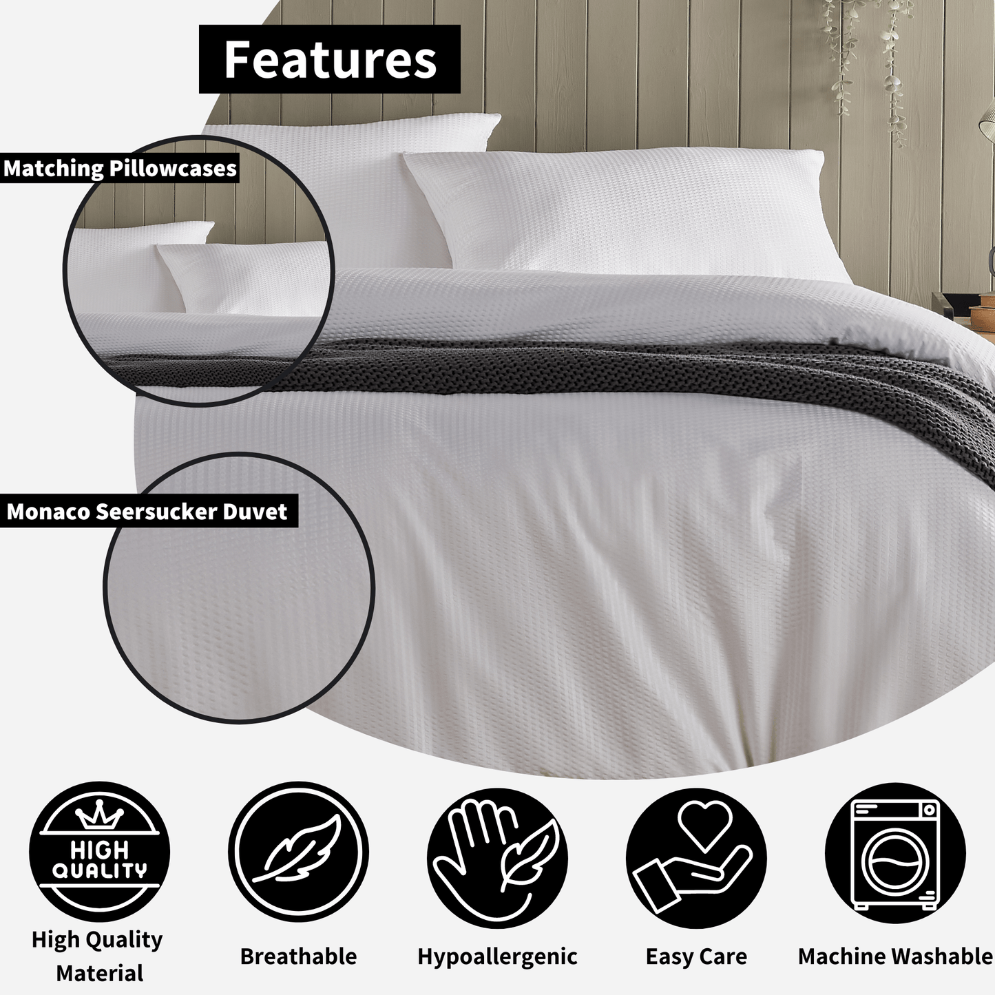 Monaco Seersucker Duvet Cover Set Super Soft Durable Bedding with Pillowcases Grey and White Single Double King by OLIVIA ROCCO