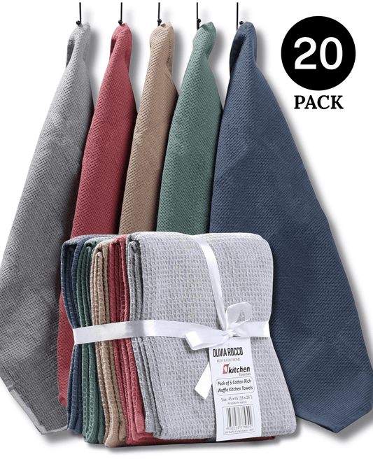 20 Pack Tea Towel Waffle Kitchen Tea Towels Cotton Absorbent Long Lasting Catering Bar Dish Towel Assorted by OLIVIA ROCCO