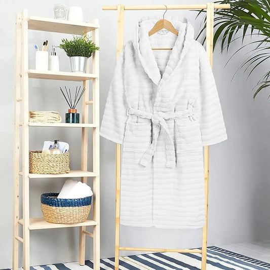 Women's Hydro Ribbed Ultra Soft 100% Cotton Hooded Bath Robes with Pockets and Belt Luxury Terry Towelling Loungewear Sleepwear in White and Grey by OLIVIA ROCCO