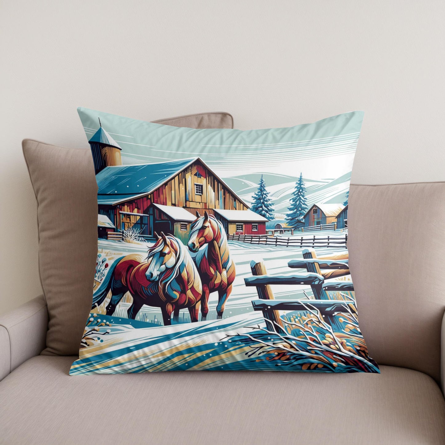 Whimsical Winter Farm Cotton Cushion