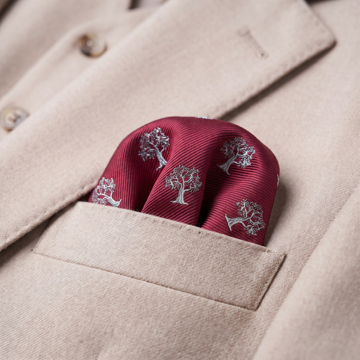 Tree Pocket Square Red & Silver