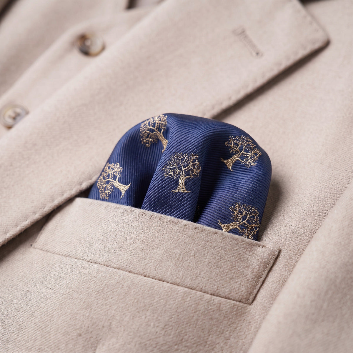 Tree Pocket Square Navy Blue & Gold