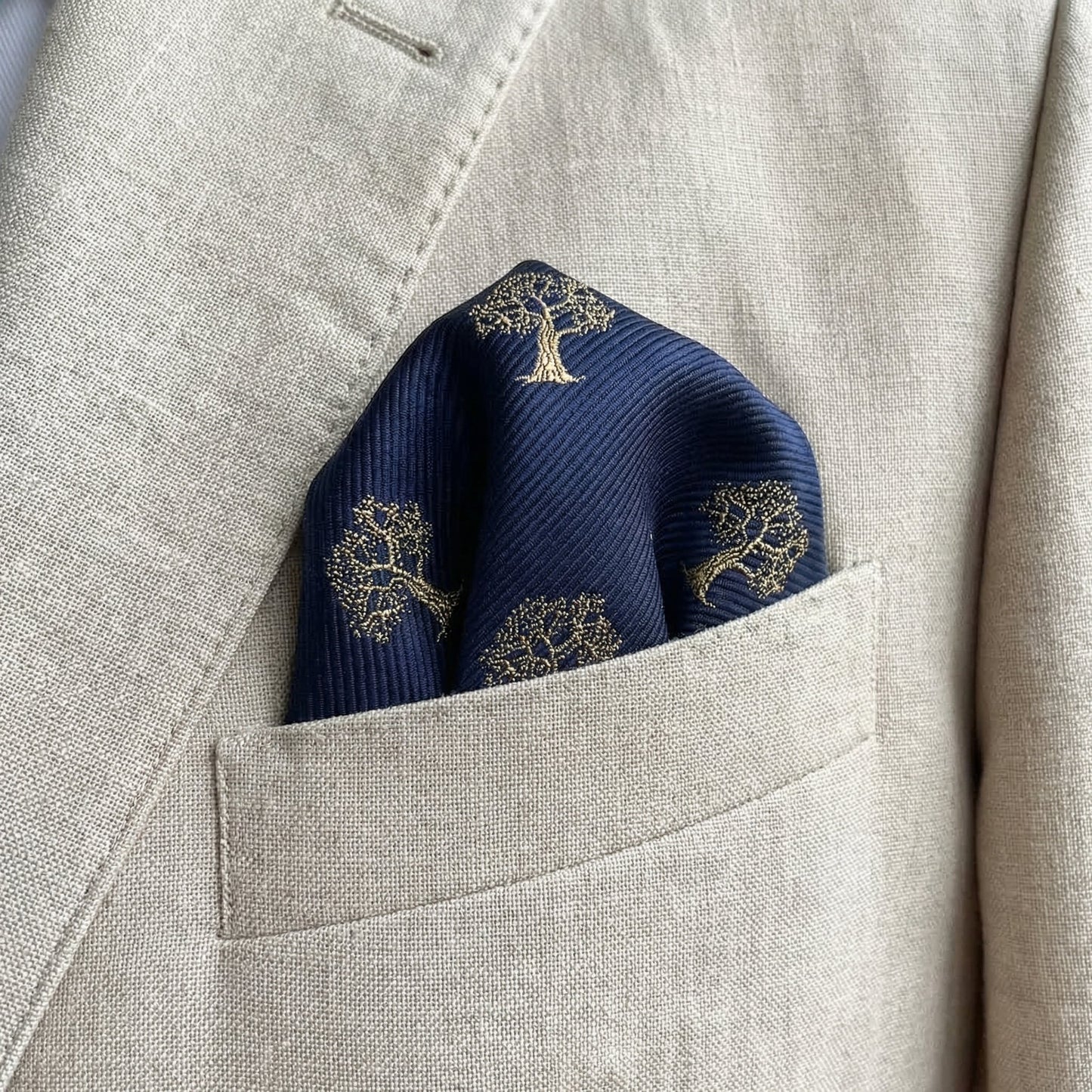 Tree Pocket Square Navy Blue & Gold