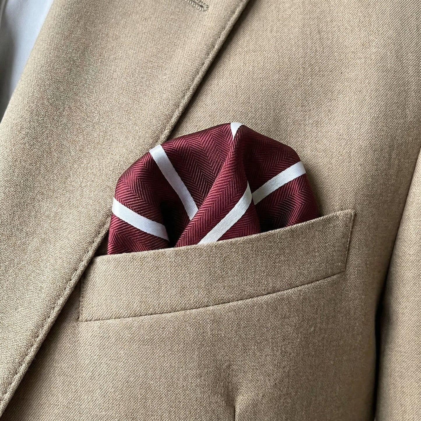 Burgundy & White Stripe Pocket Square - Hawksmoor Edit