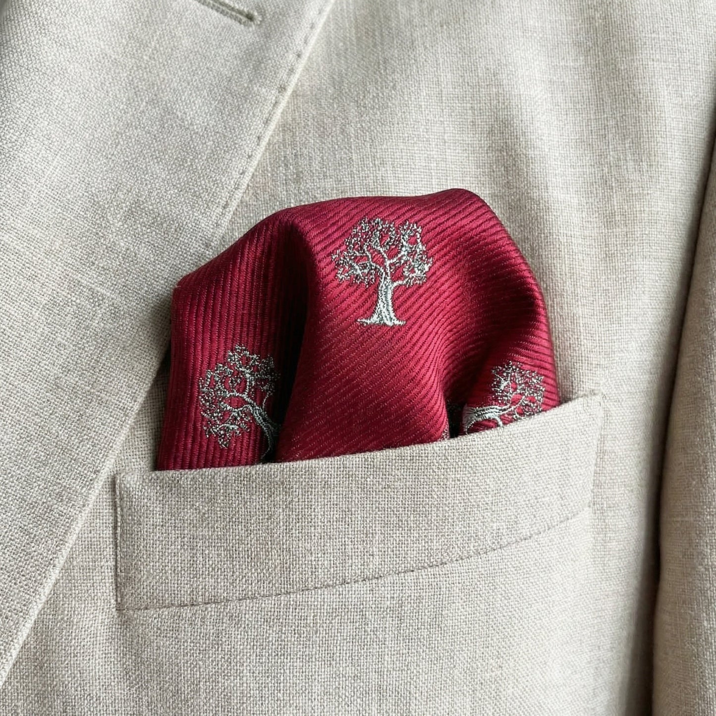 Tree Pocket Square Red & Silver