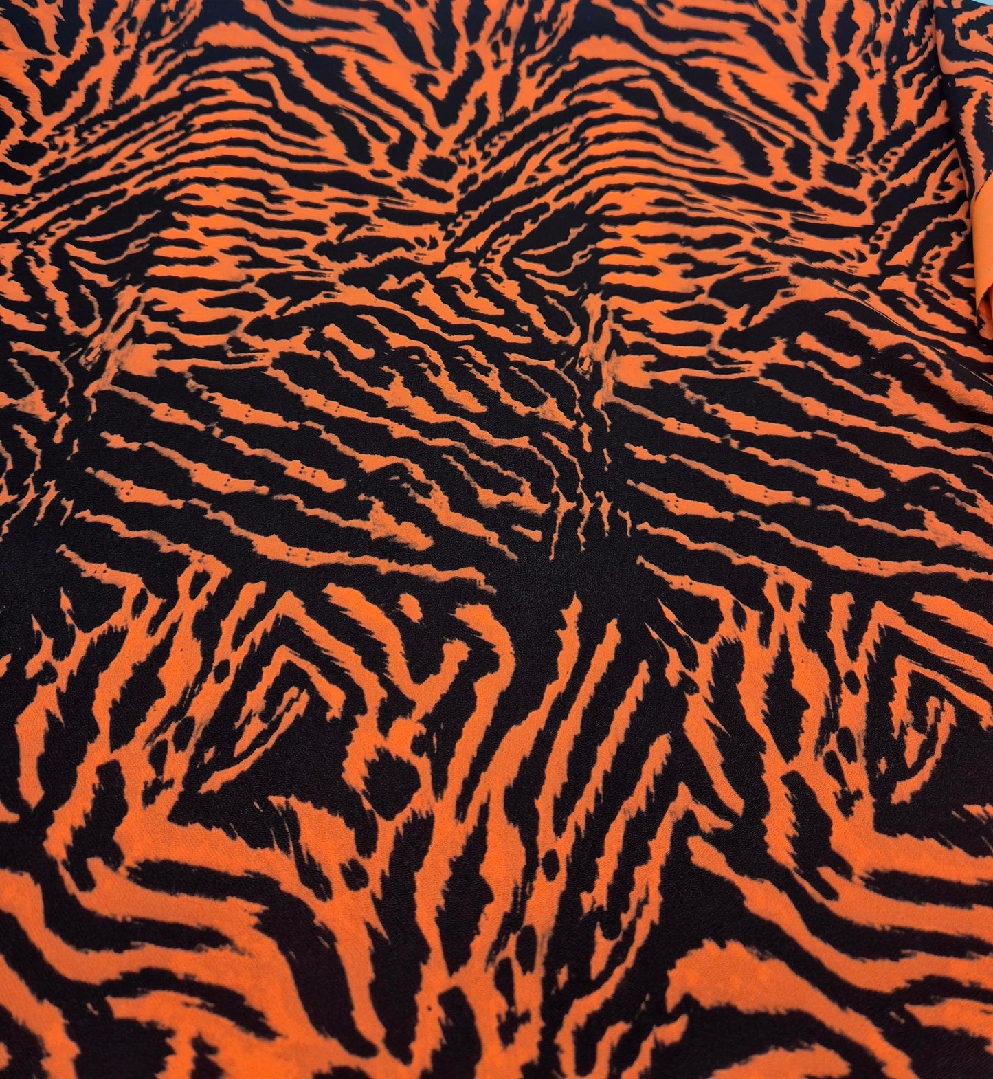 Orange Animal Neon Back Printed Scuba Crepe Fabric 4 Way Stretch