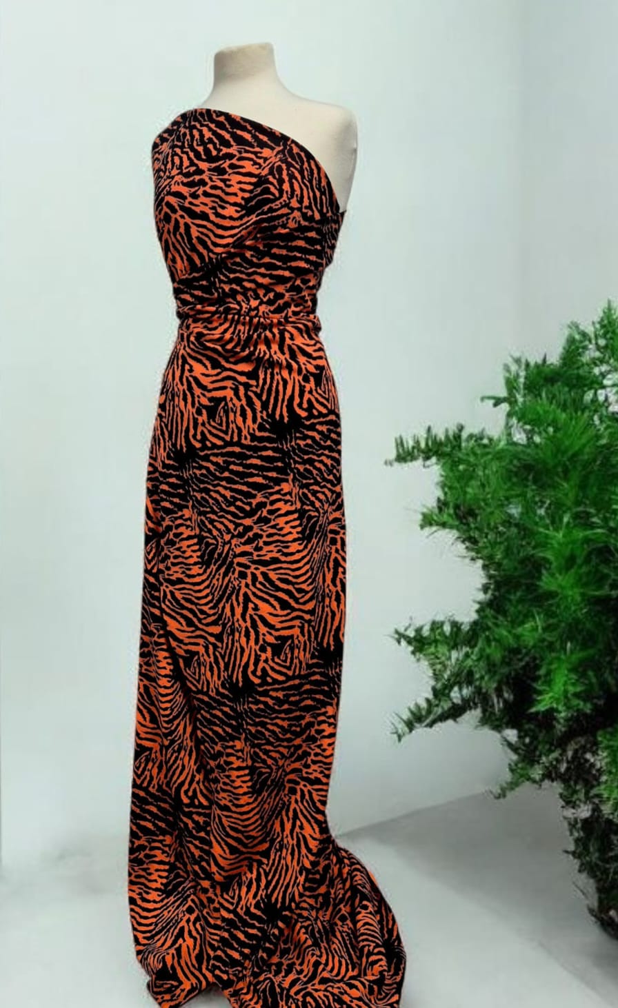 Orange Animal Neon Back Printed Scuba Crepe Fabric 4 Way Stretch