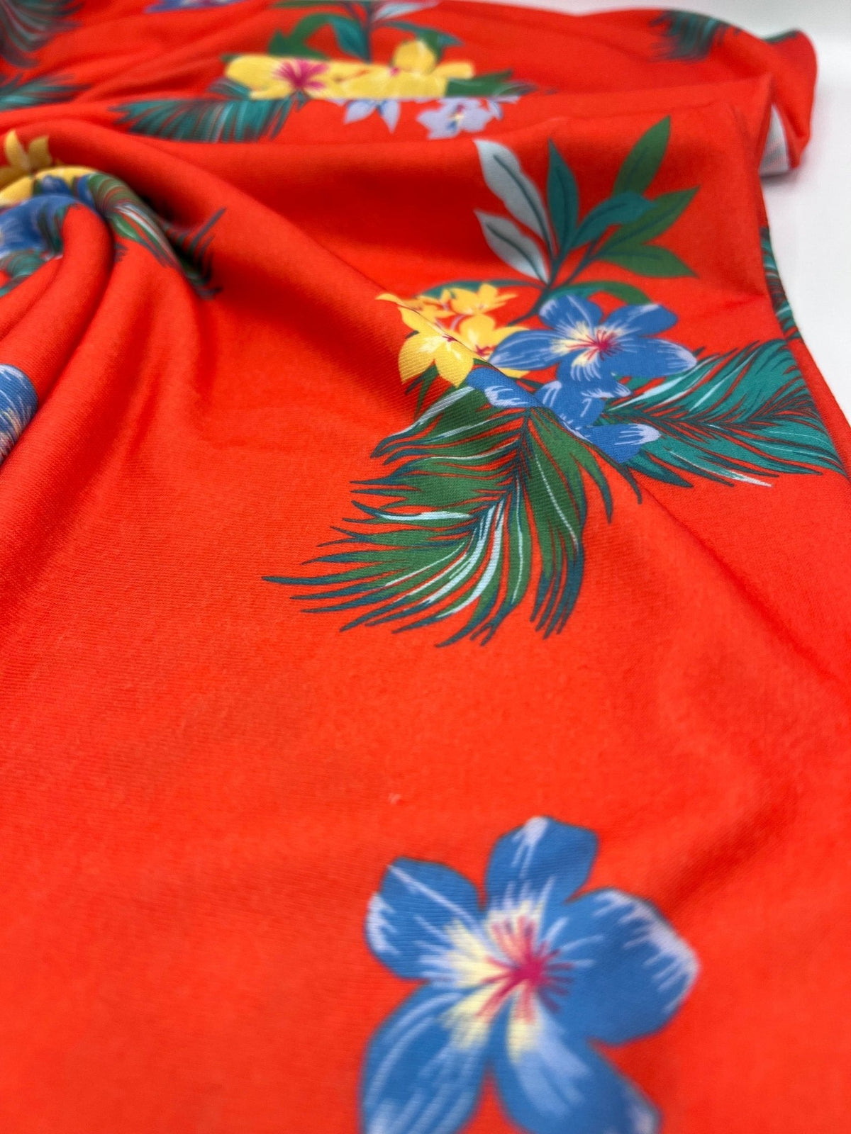 Orange Floral Print Spun Poly Stretch Fabric