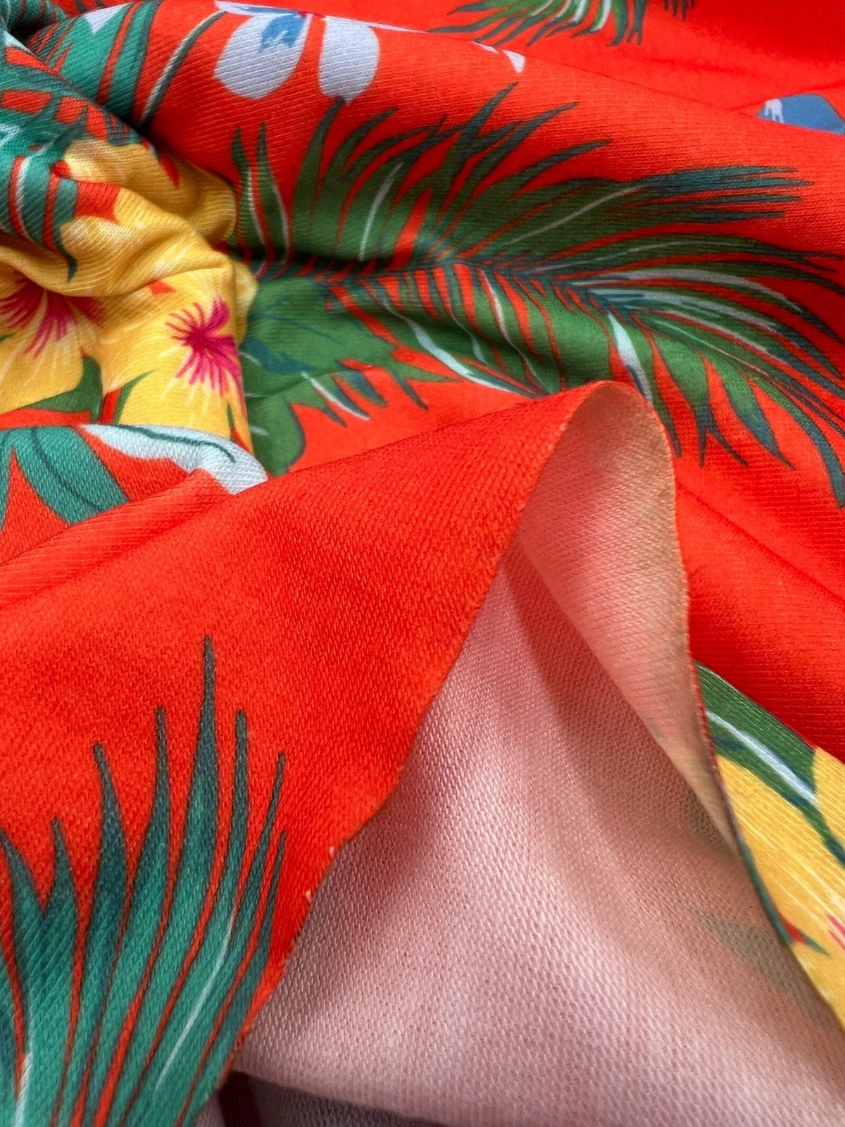 Orange Floral Print Spun Poly Stretch Fabric