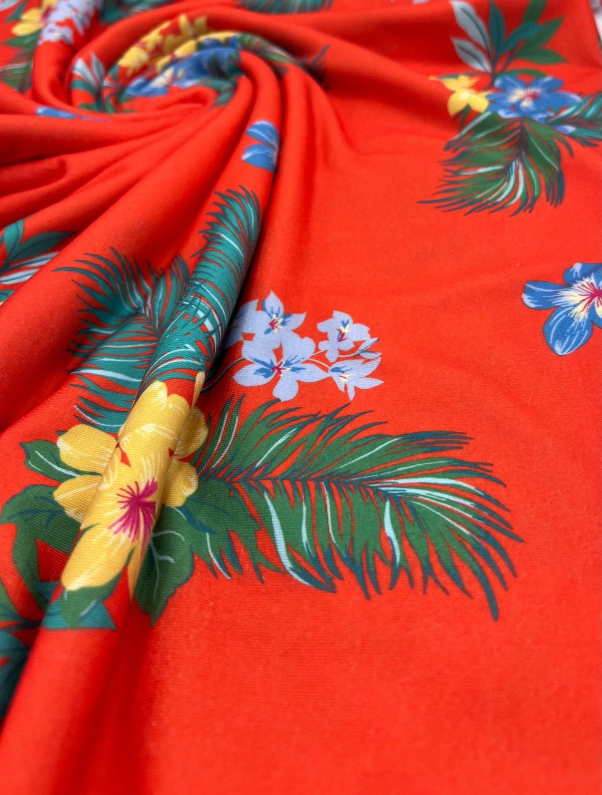 Orange Floral Print Spun Poly Stretch Fabric