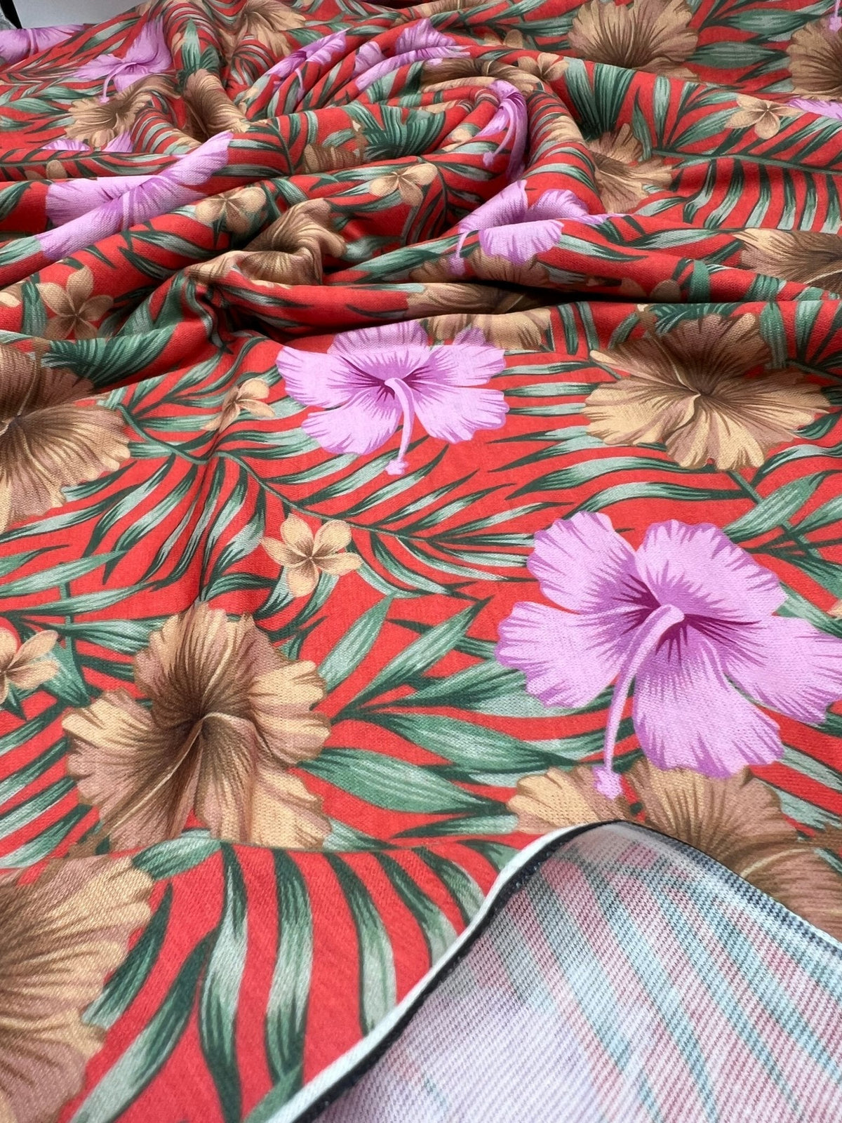 Orange Lilac Flower Print Spun Poly Stretch Fabric