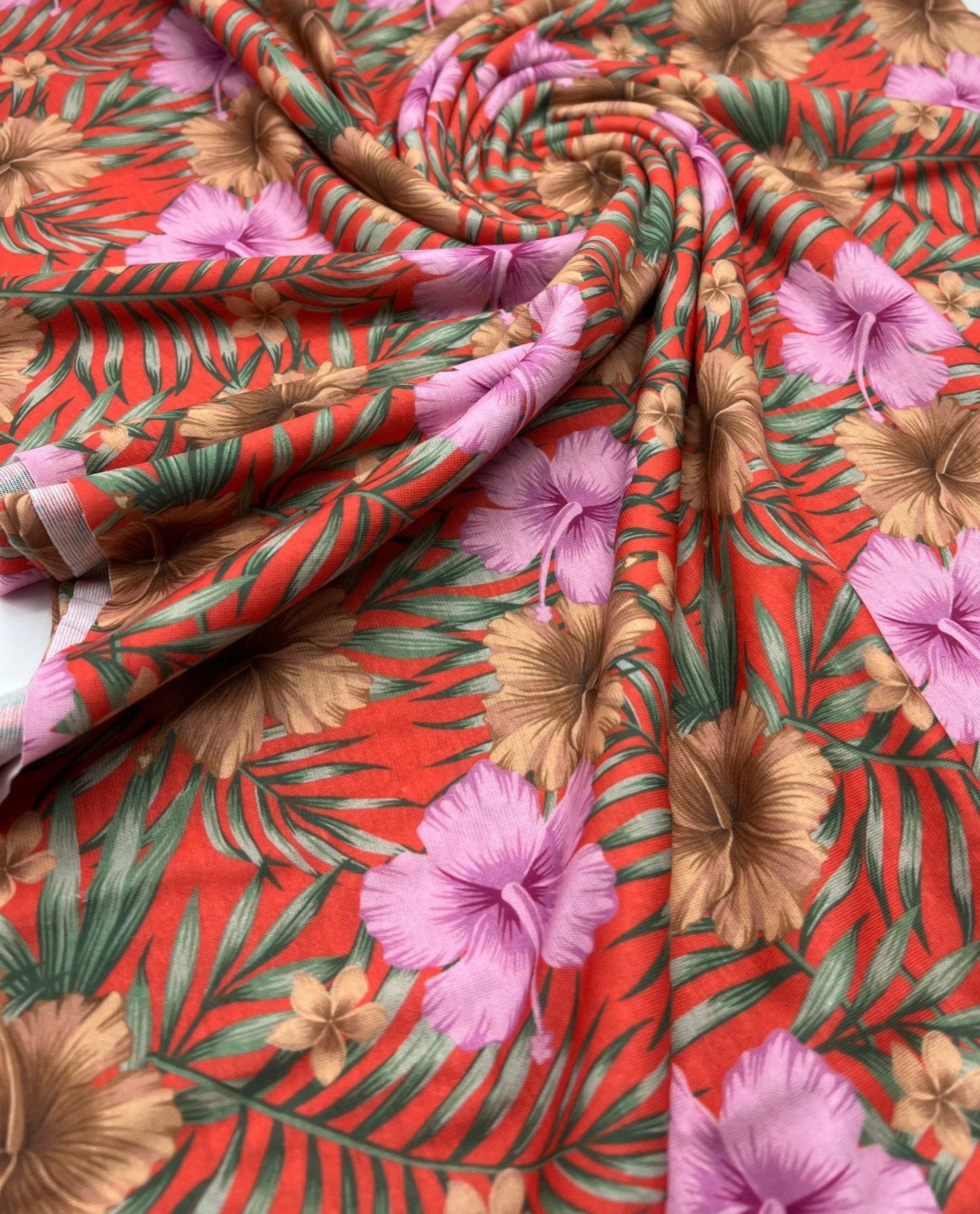 Orange Lilac Flower Print Spun Poly Stretch Fabric