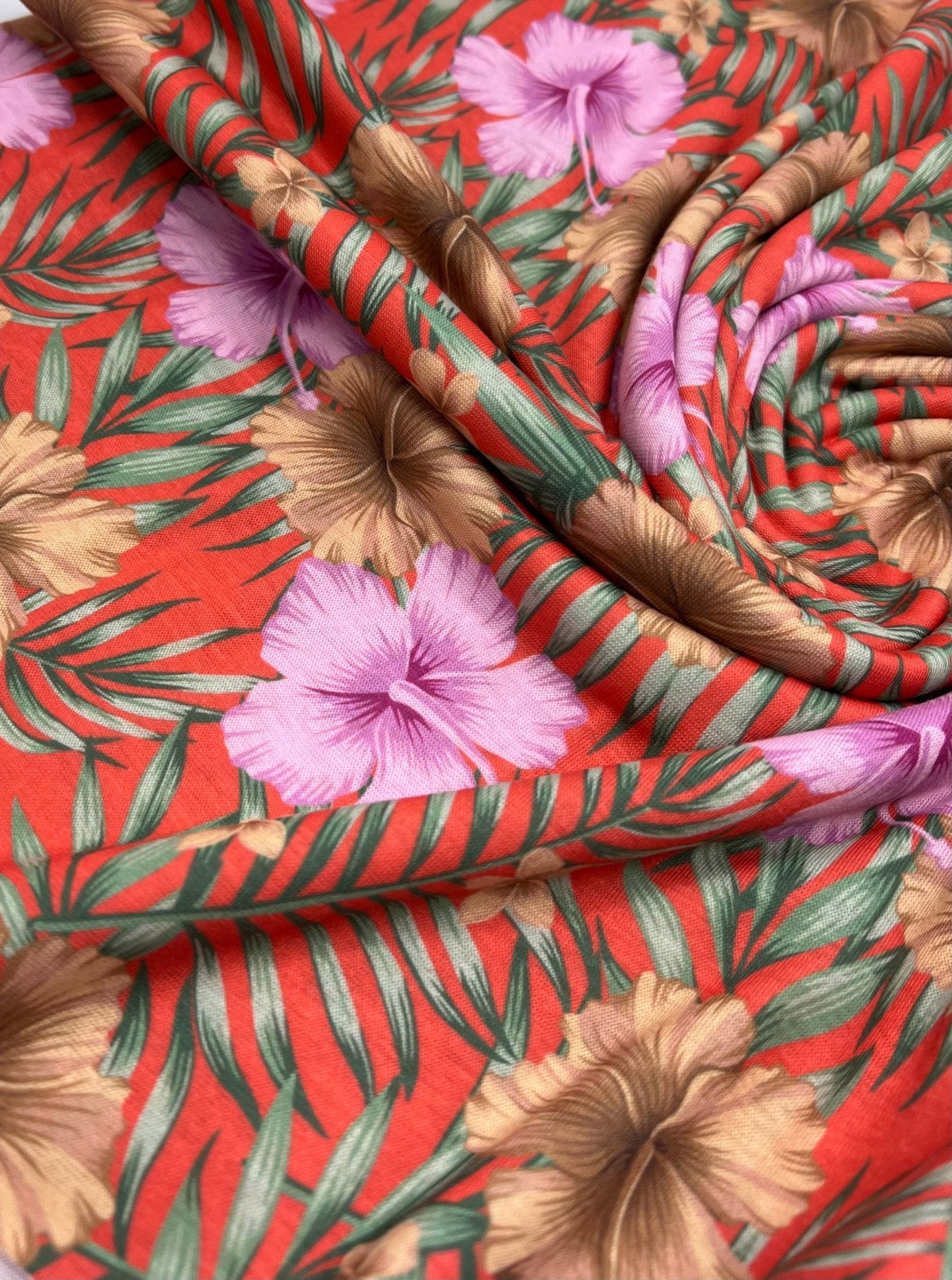 Orange Lilac Flower Print Spun Poly Stretch Fabric