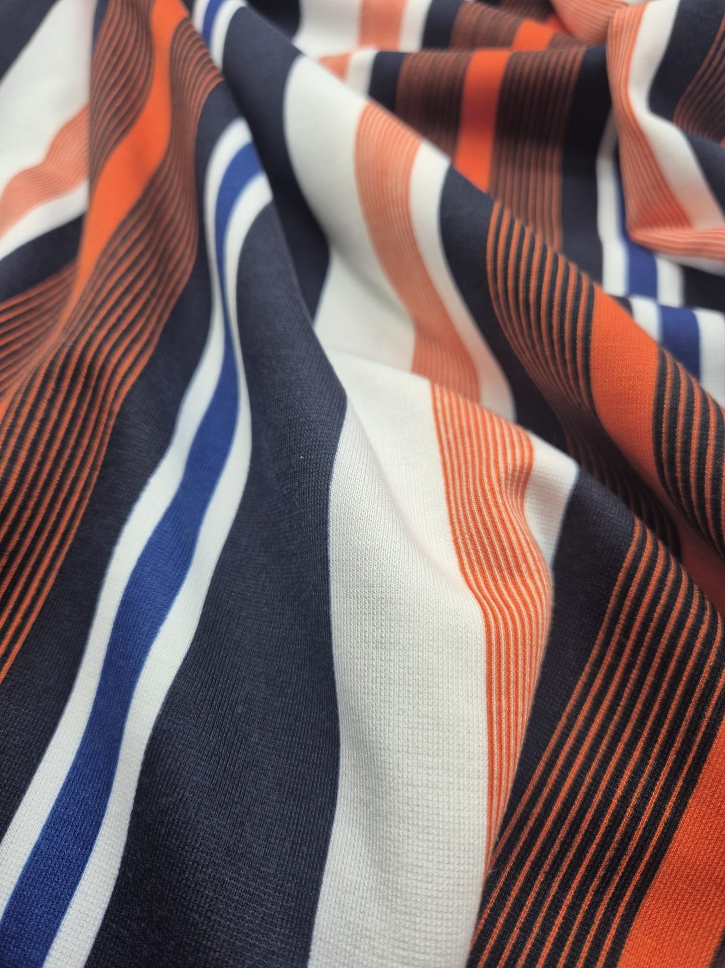 Orange Navy White Stripe Ponte Fabric