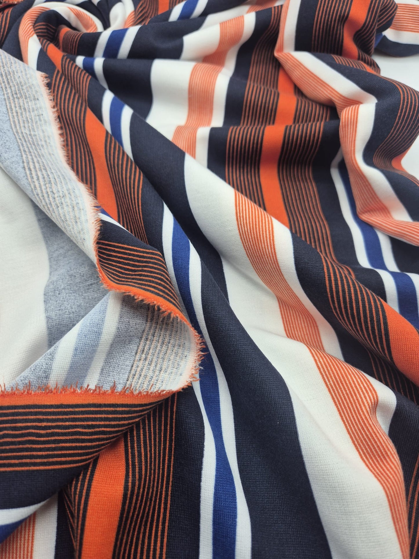 Orange Navy White Stripe Ponte Fabric