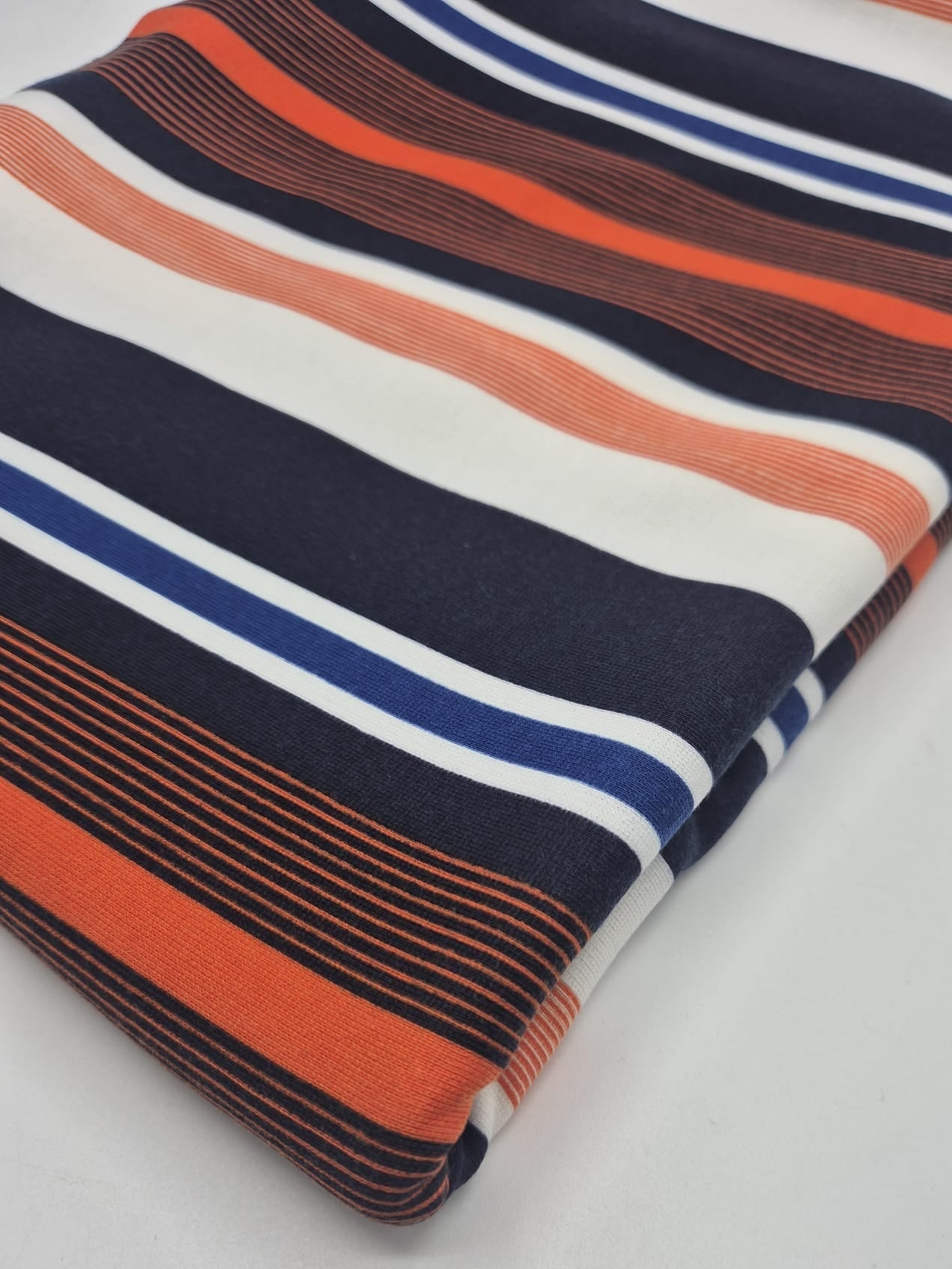 Orange Navy White Stripe Ponte Fabric