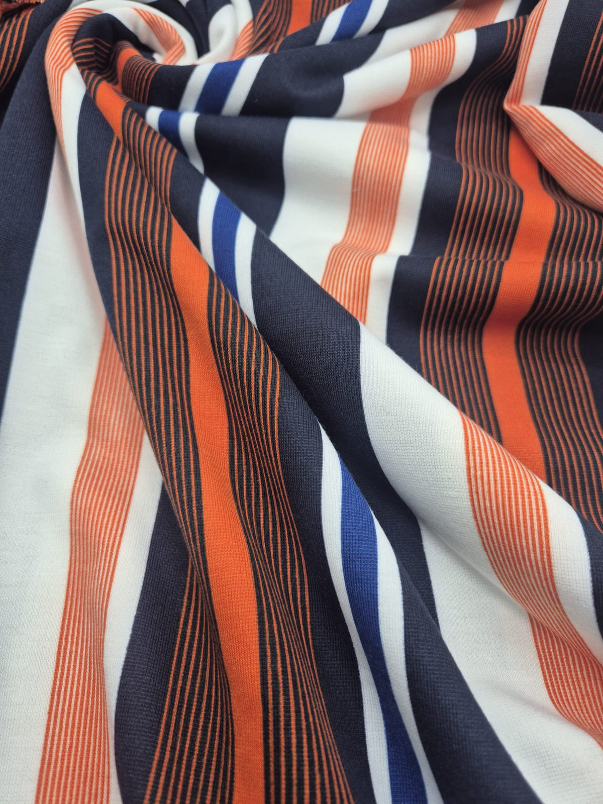 Orange Navy White Stripe Ponte Fabric