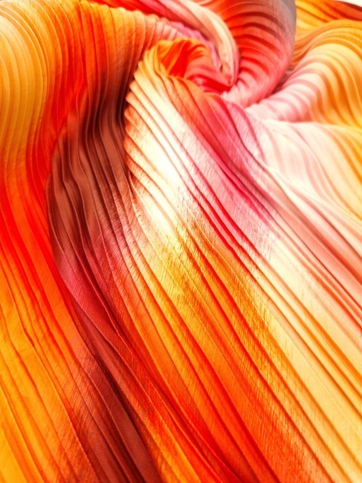 Orange Pink Multi Print Plisse Pleated Stretch Fabric