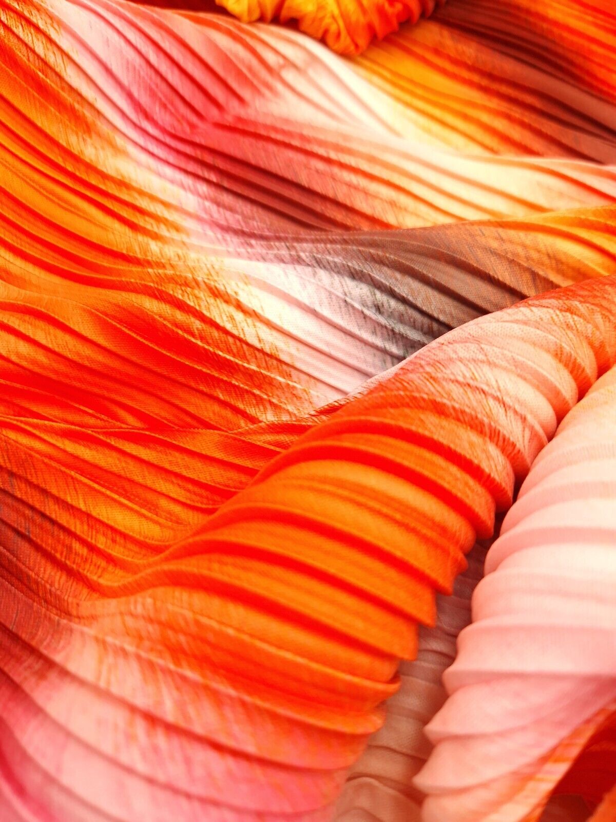 Orange Pink Multi Print Plisse Pleated Stretch Fabric
