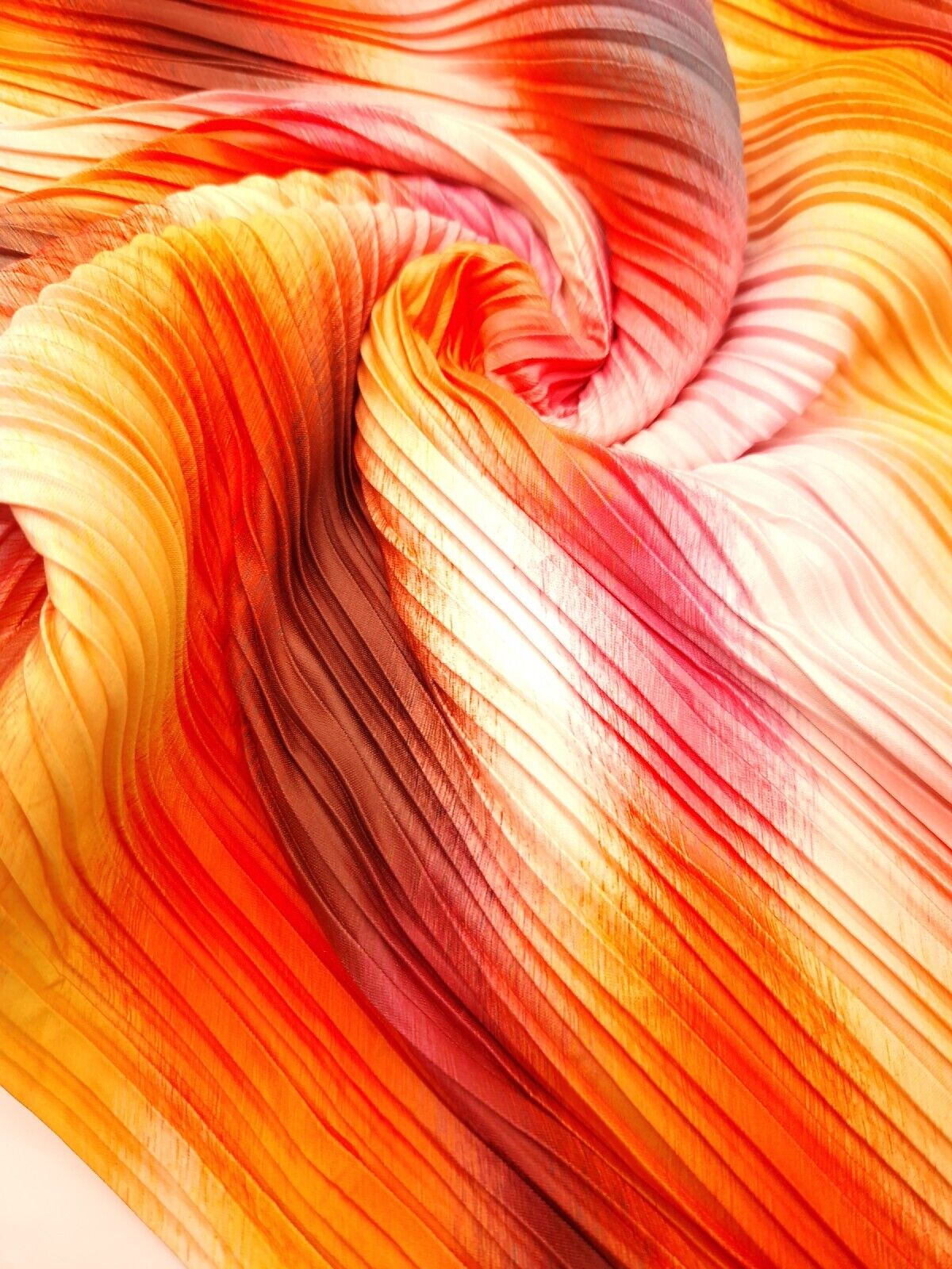 Orange Pink Multi Print Plisse Pleated Stretch Fabric