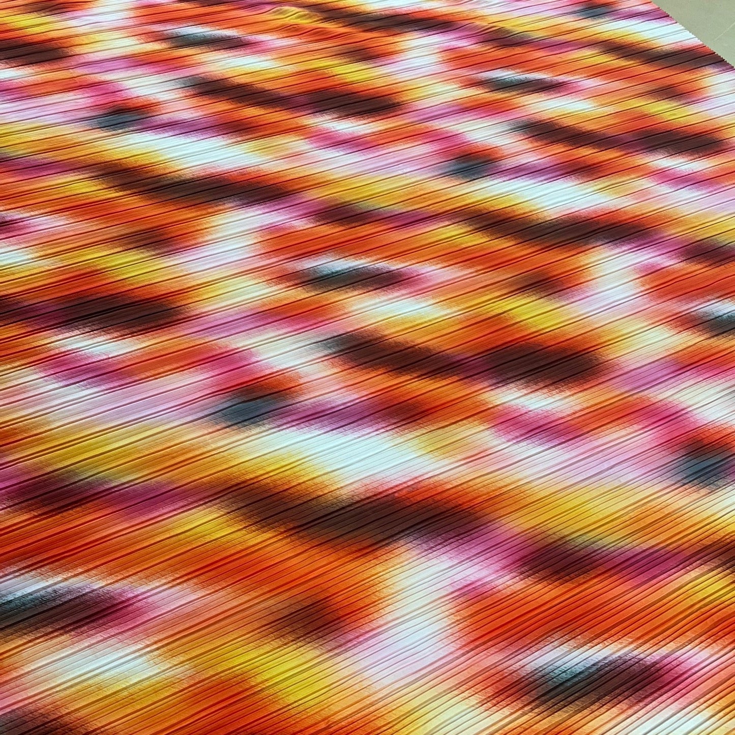 Orange Pink Multi Print Plisse Pleated Stretch Fabric