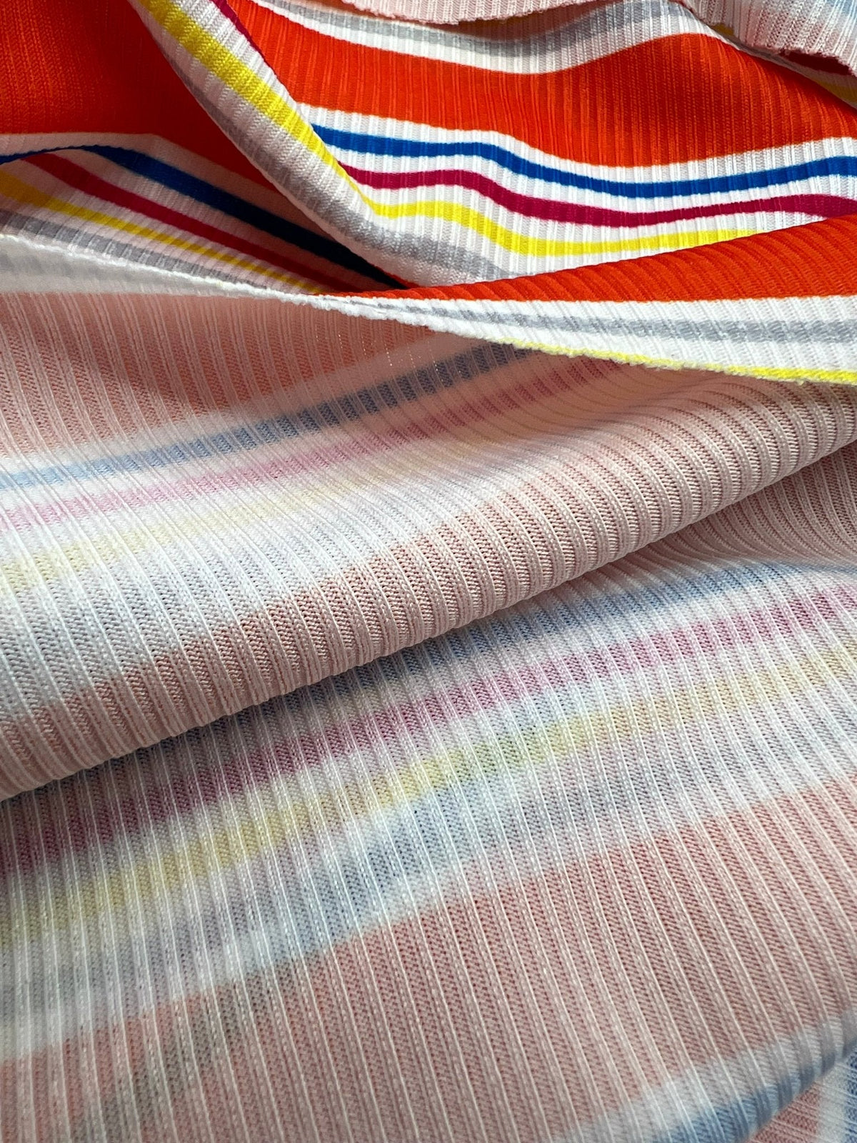 Orange Stripe Print 2X1 Fine Rib Stretch Fabric