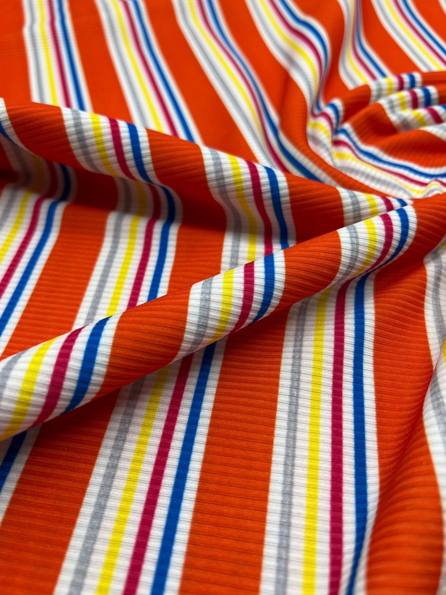 Orange Stripe Print 2X1 Fine Rib Stretch Fabric