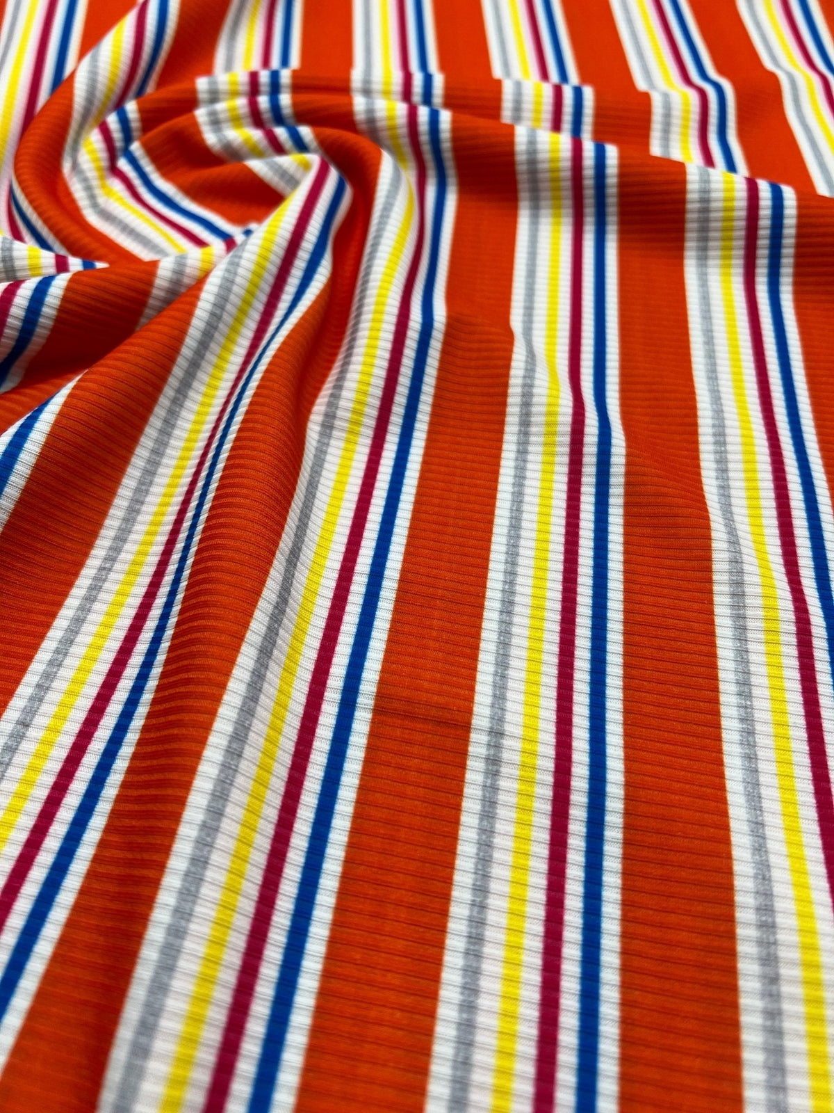 Orange Stripe Print 2X1 Fine Rib Stretch Fabric