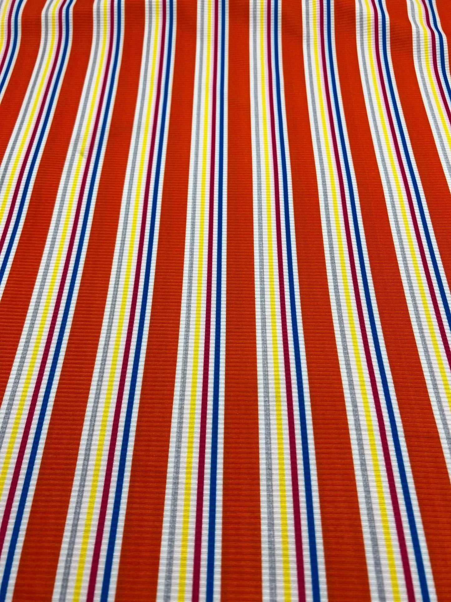 Orange Stripe Print 2X1 Fine Rib Stretch Fabric