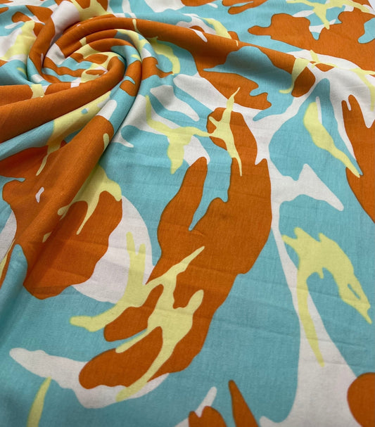 Orange Turq Camo Mix Print Viscose Elastane Fabric