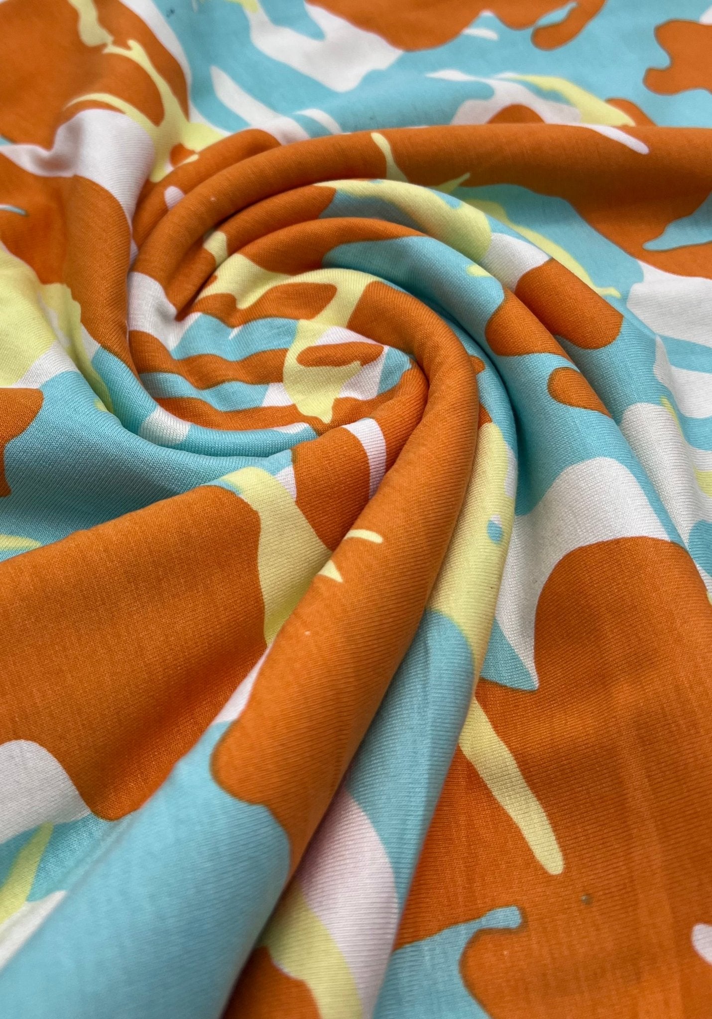 Orange Turq Camo Mix Print Viscose Elastane Fabric
