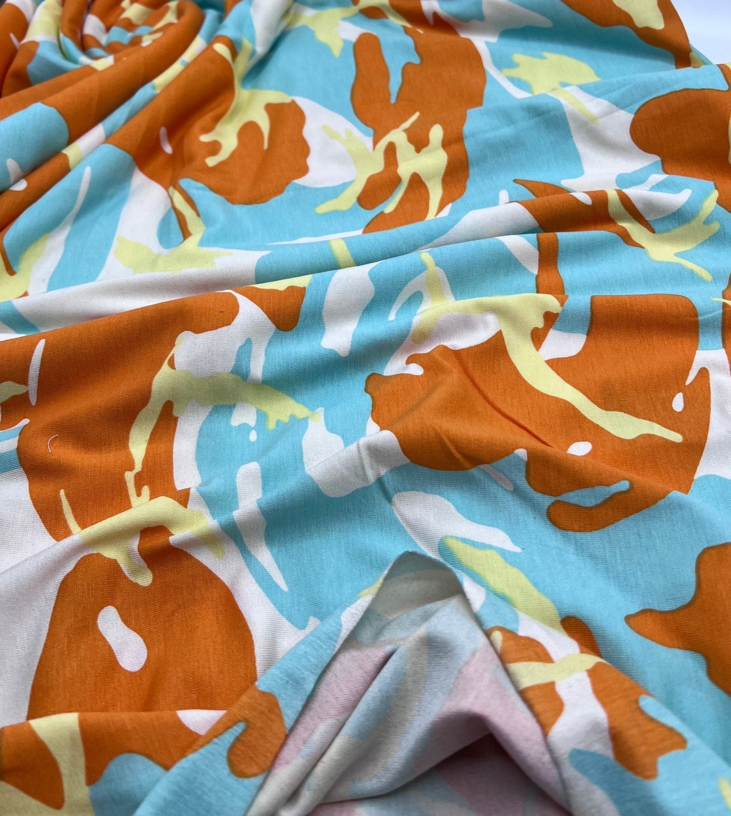 Orange Turq Camo Mix Print Viscose Elastane Fabric