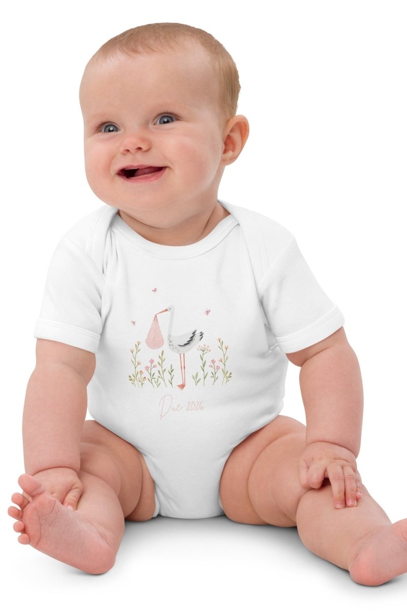Stork Baby Girl Due Bodysuit White