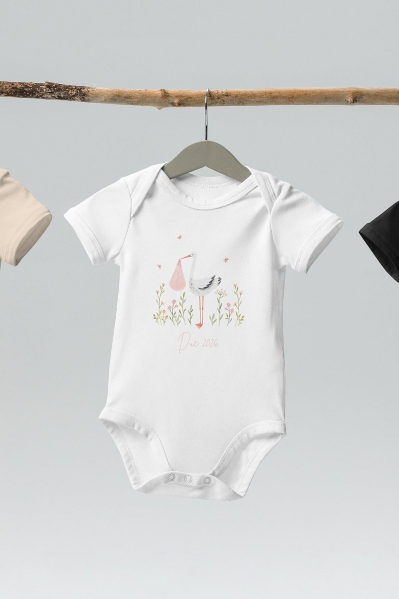 Stork Baby Girl Due Bodysuit White