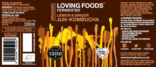 Organic Jun Kombucha Lemon + Ginger – Unpasteurised Honey Fermented Drink 330ml