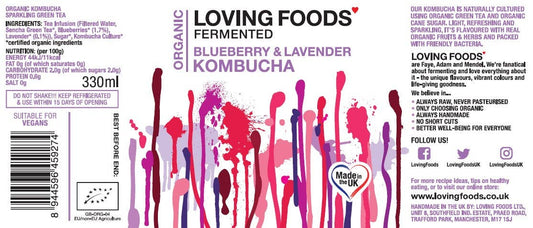 Organic Kombucha Blueberry & Lavender – Unpasteurised Fermented Green Tea 330ml