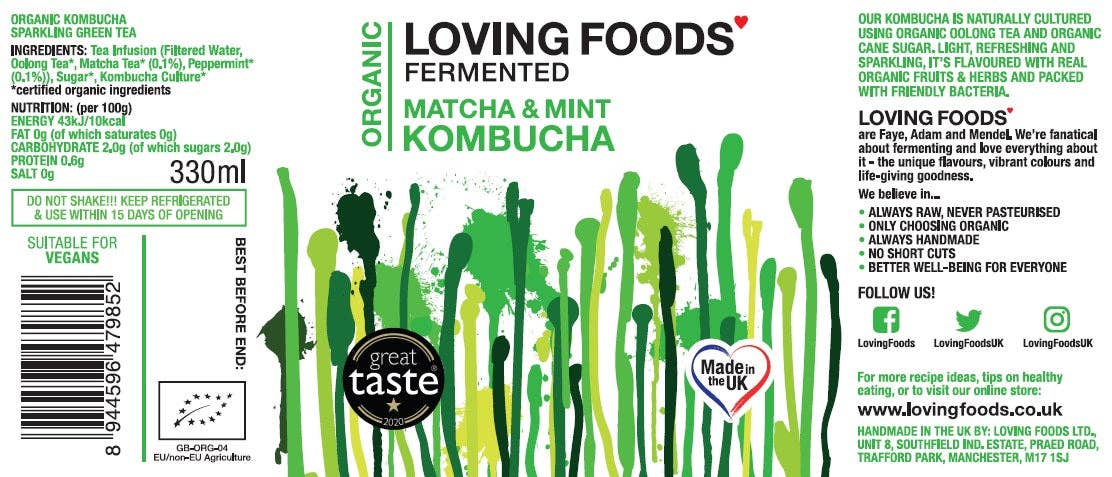Organic Kombucha Matcha & Mint – Unpasteurised Fermented Tea Drink 330ml
