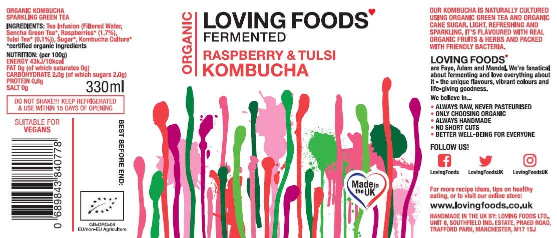 Organic Kombucha Raspberry & Tulsi – Unpasteurised Fermented Green Tea 330ml
