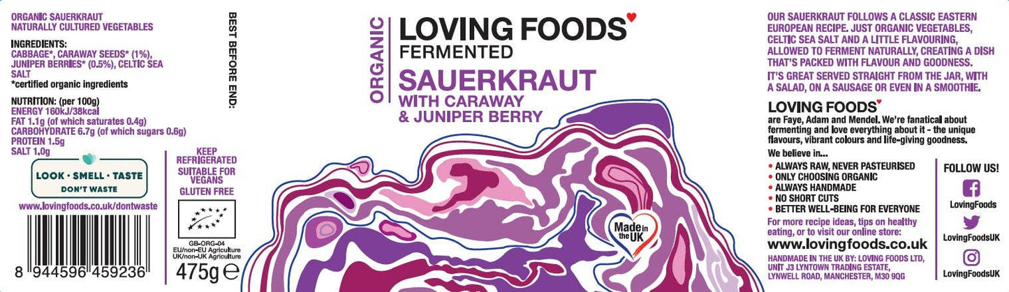 Organic Sauerkraut Caraway & Juniper Berry – Unpasteurised 475g Vegan