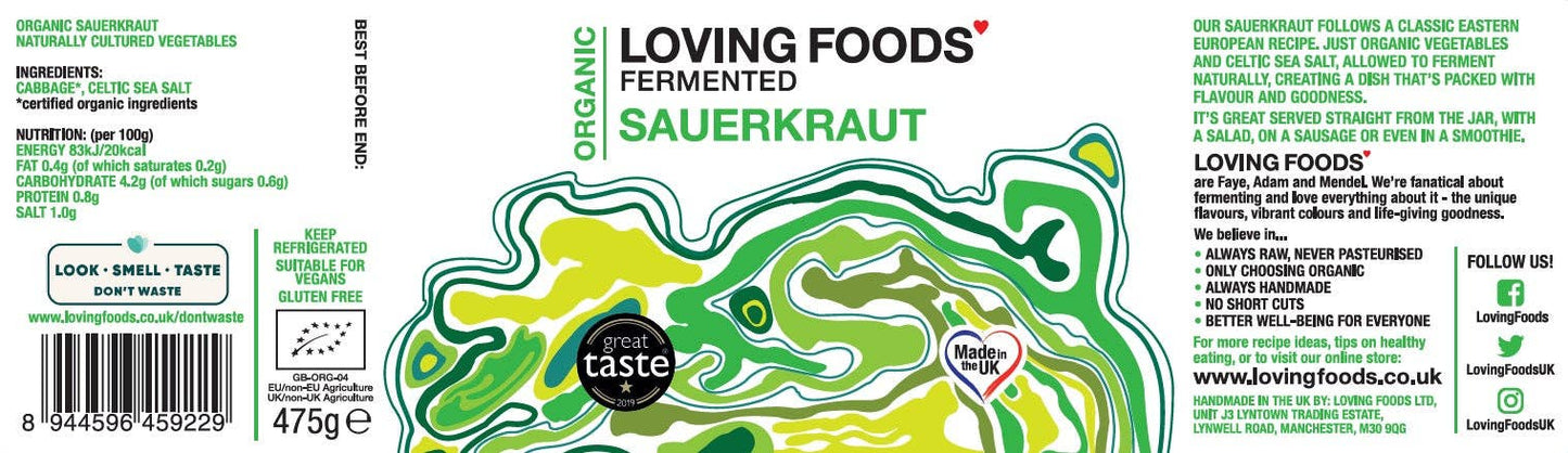 Organic Sauerkraut – Raw Unpasteurised Fermented Cabbage 475g Vegan