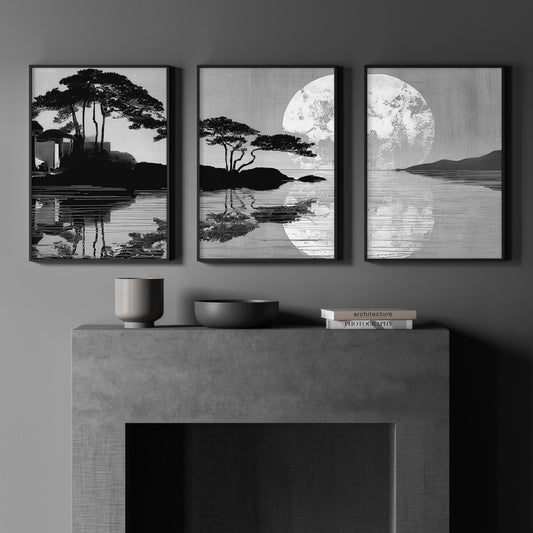 Oriental Home Decor Japanese Moonrise Landscape Wall Art Prints | Set of 3