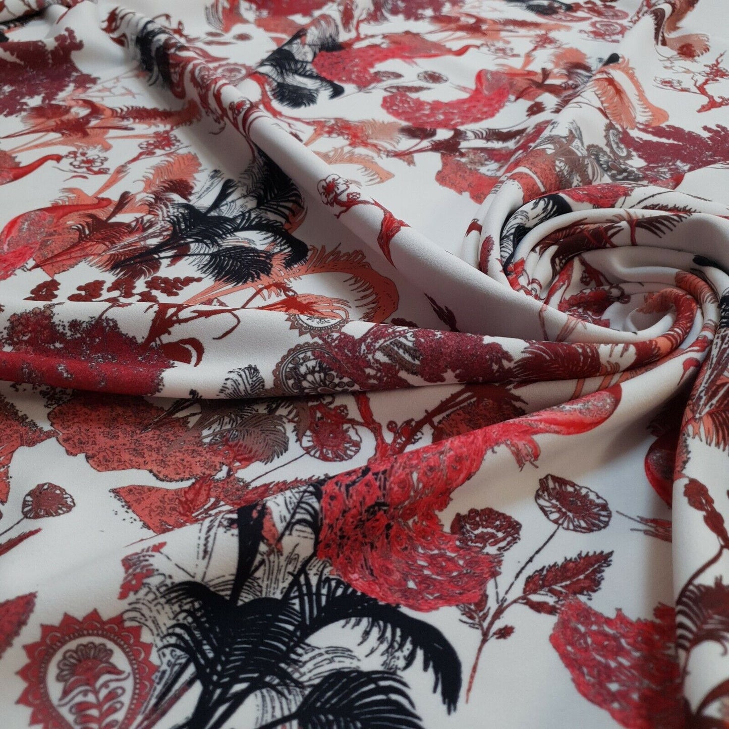 Oriental Peacock Printed Scuba Crepe Jersey Fabric 4 Way Stretch