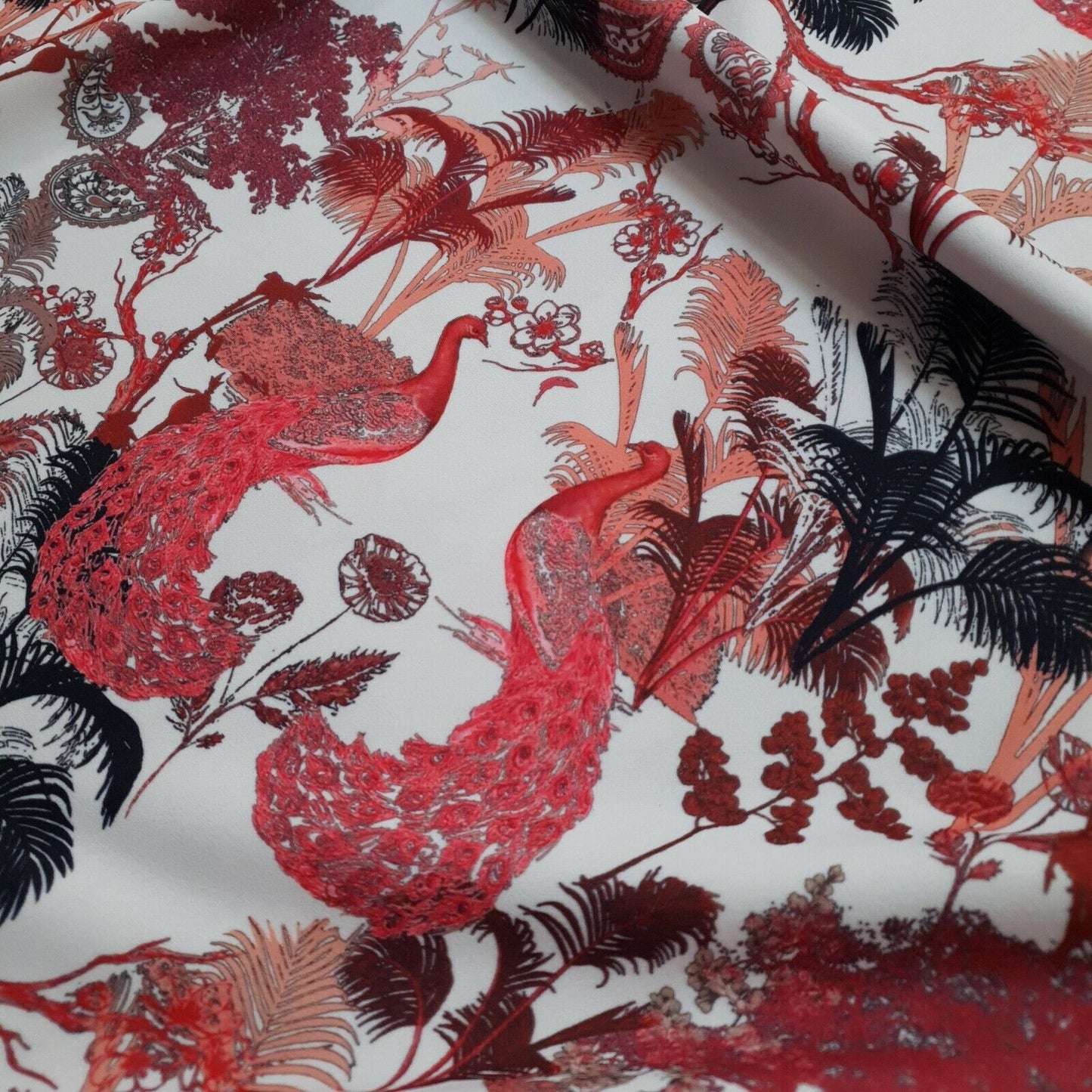 Oriental Peacock Printed Scuba Crepe Jersey Fabric 4 Way Stretch