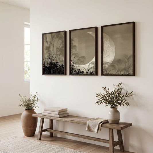 Oriental Wall Art Panels | Japanese Moon & Pampas Grass Beige & Black | Set of 3
