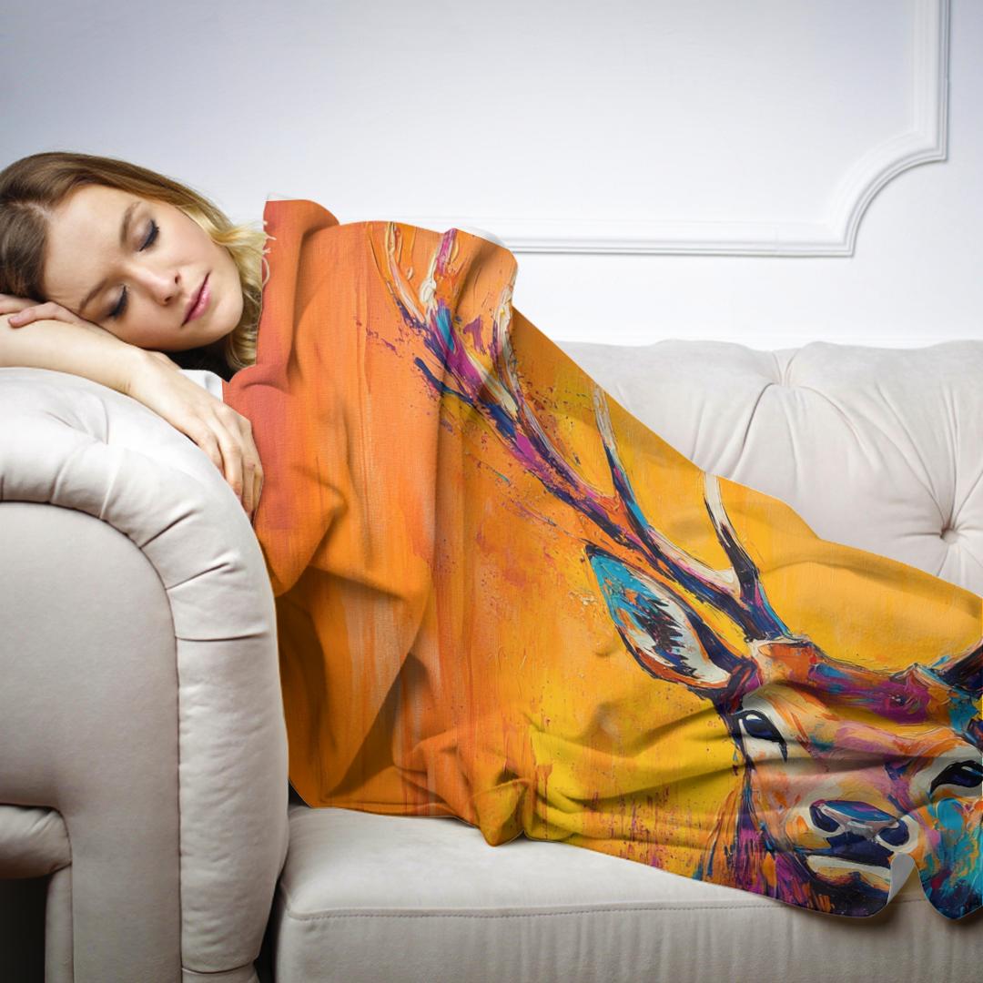 Vibrant Deer on Orange Blanket