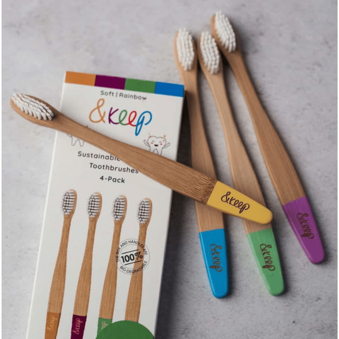Pack of 4 Kids Bamboo Toothbrushes by &Keep