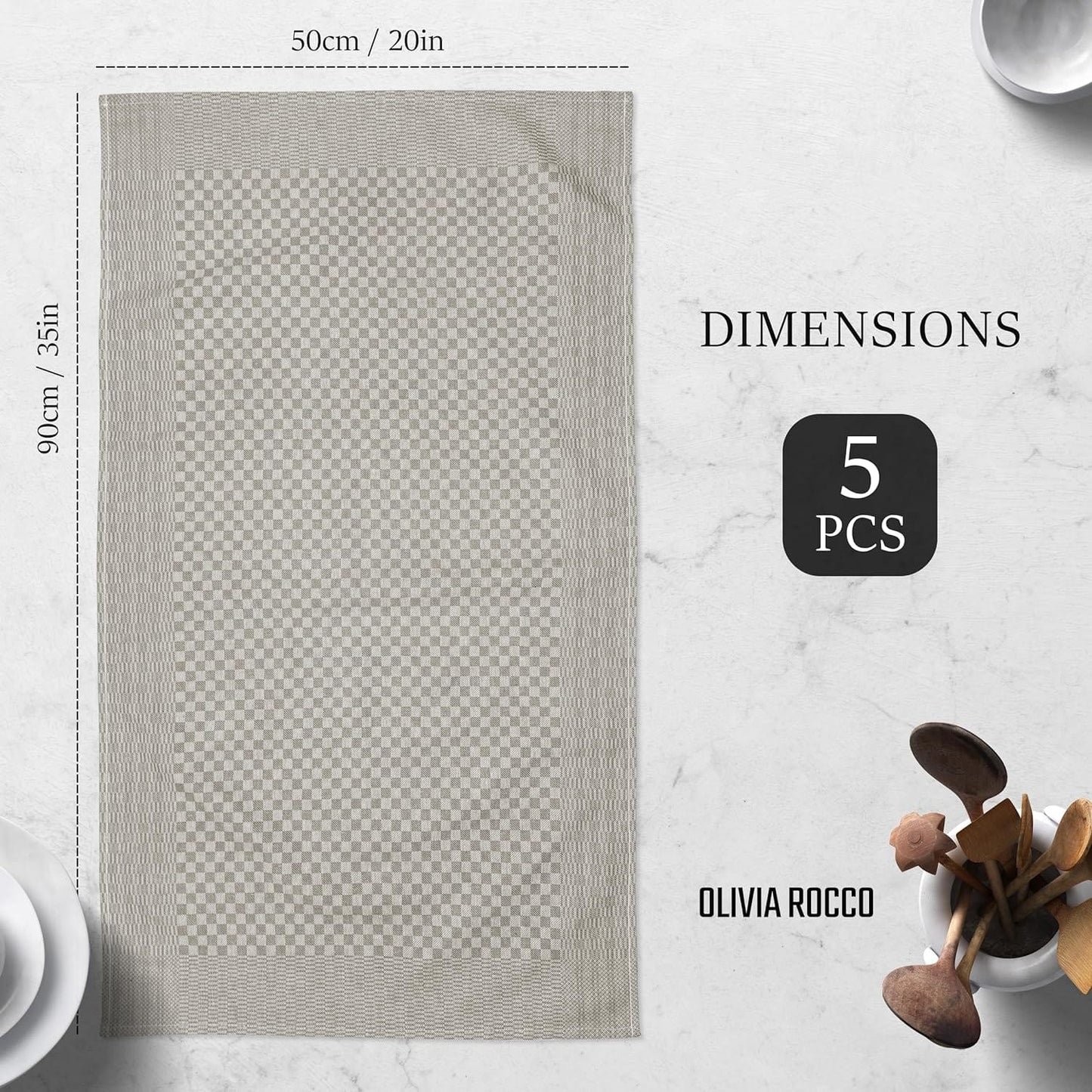 Pack of 5 Large Super Absorbent 100 Percent Cotton Tea Towels Quick Dry Durable Check Pattern Dish Cloths for Kitchen Home and Professional Use by OLIVIA ROCCO