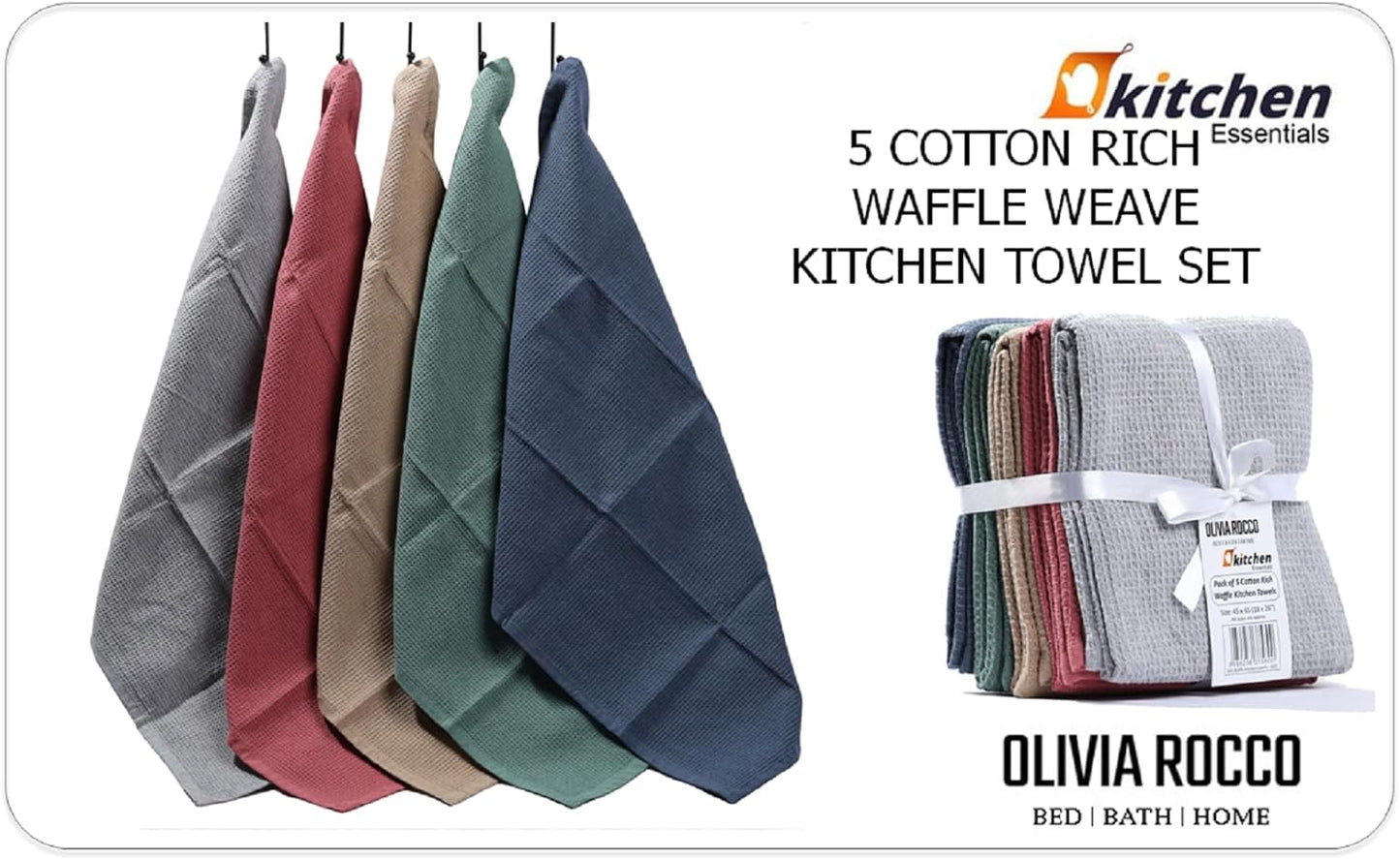 5 Pack Ultra Absorbent Waffle Kitchen Tea Towels High-Quality Soft Cotton Assorted Colours Durable for Home and Catering Use by OLIVIA ROCCO