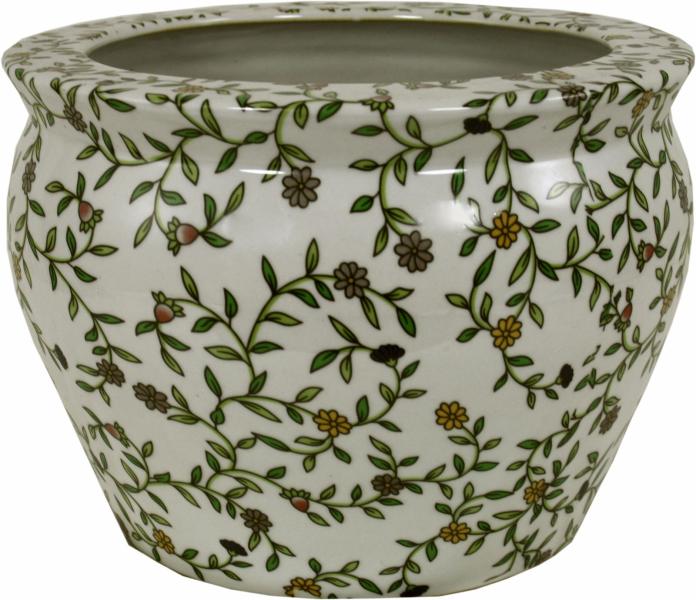 Ceramic Planter Vintage Green & White Floral Design
